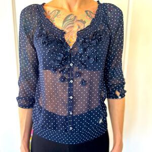 Abercrombie and Fitch blue and white polka dot sheer blouse